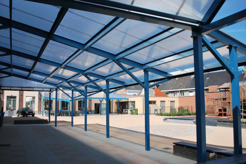 transparent canopy with blue pillars