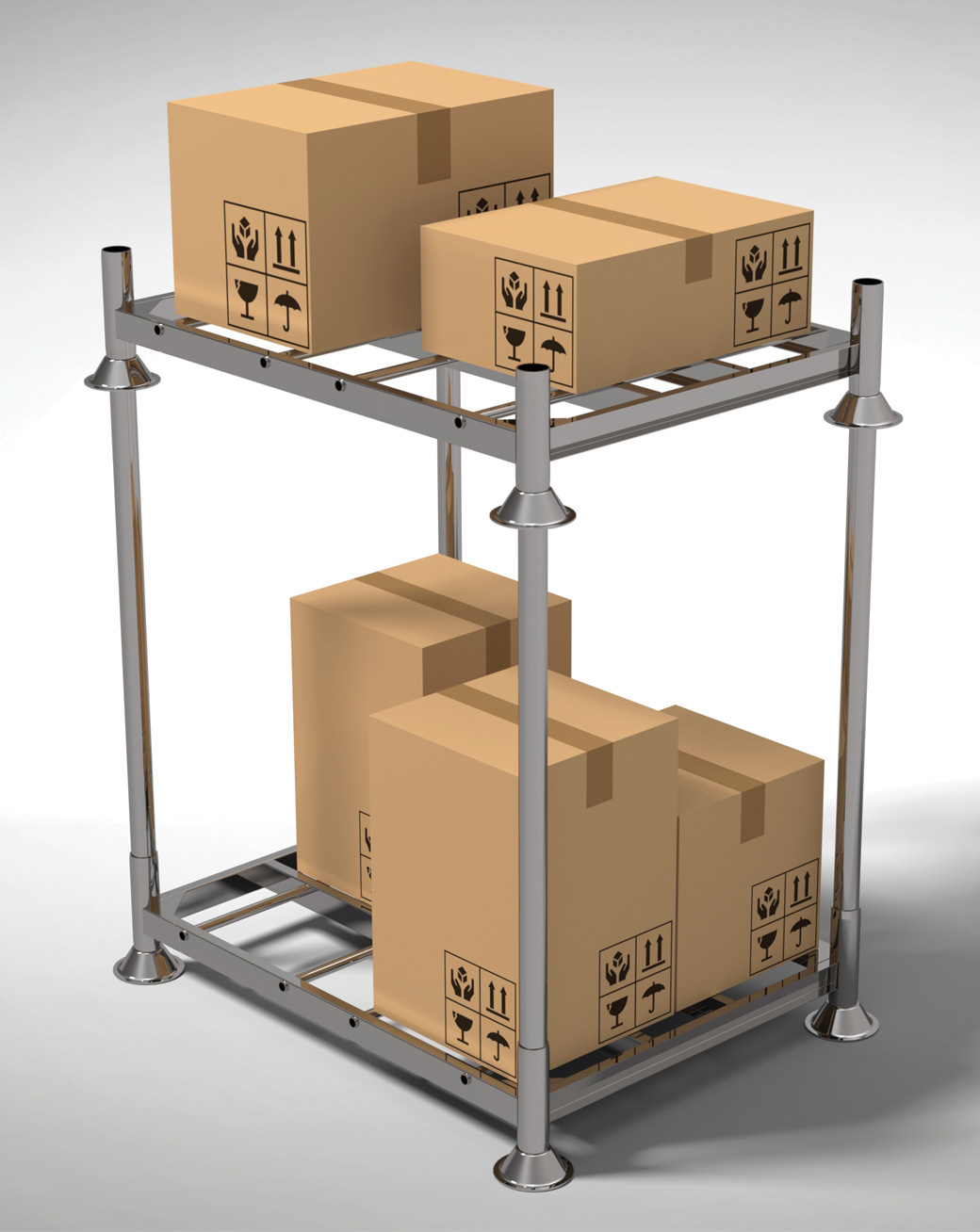 A metal pallet fully loaded with packages on both the upper and lower tiers.